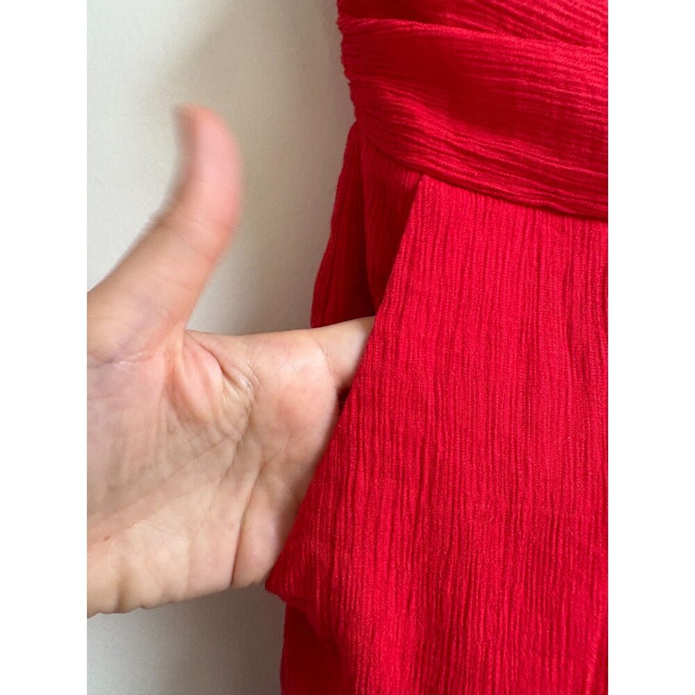 Tomato Red Crepe Romper XXS XS Petite Playsuit Deep V Empire Pocket Smock Tie Jr - Picture 3 of 8